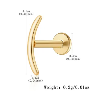 Macro detail of gold crescent piercing stud with technical dimensions and weight info
