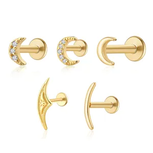 Detailed view of gold S925 sterling silver moon cartilage piercing studs with cubic zirconia