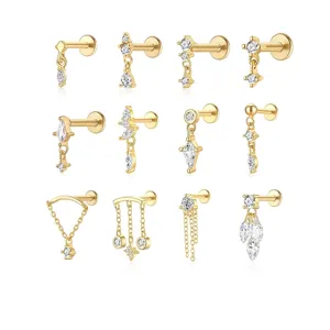 925 Sterlingsilber Zirkonia Knorpel Piercing Stecker Geometrische Quaselkette Ohrknochenstecker Für Damen Minimalistischer Schmuck