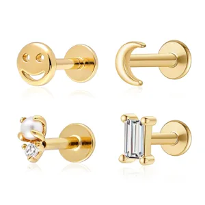 Λεπτομερές σετ σκουλαρίκια labret από ασήμι S925 με επίχρυση σχεδίαση χαμόγελο και φεγγάρι