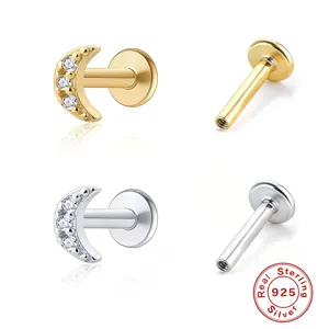 Premium S925 sterling silver moon-shaped labret stud earrings with cubic zirconia
