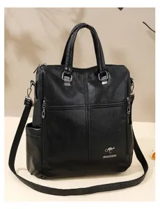 Women versatile soft leather convertible backpack, stylish casual shoulder handbag black.