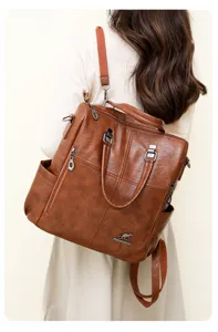 Detailed view of women's soft leather convertible backpack, showcasing back wear style.