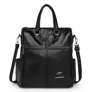 Black PU leather multi-functional women backpack, stylish casual shoulder bag with handles.
