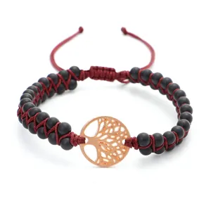 Handmade red woven double-layer bracelet with black beads and rose gold Tree of Life charm