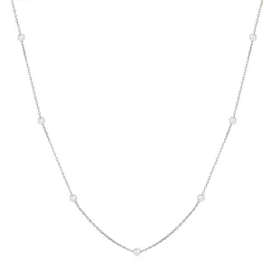 Detail of 925 sterling silver necklace featuring elegant white pearls on a fine chain