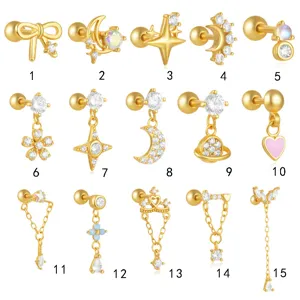 925 Sterling Silver Moon Star Screw Back Stud Earrings Zirconia Cartilage Piercing Jewelry For Women Men Celestial Earrings
