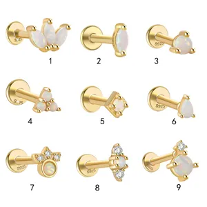 925 Sterling Silver Opal Flat Back Piercing Stud Earrings Flower Heart Geometric Tragus Helix Cartilage Jewelry For Women