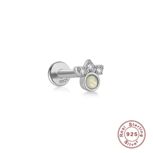 925 sterling silver flat back labret stud with iridescent opal and clear stones