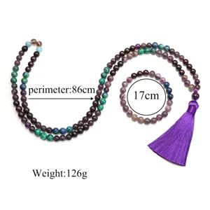 Dettaglio del set collana e bracciale 108 grani Mala con dimensioni e informazioni.
