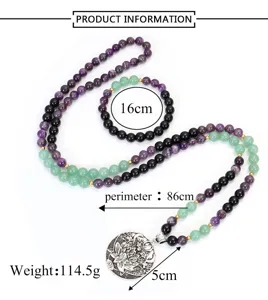 Détails du collier yoga 108 perles améthyste aventurine 8mm avec mesures du pendentif lotus