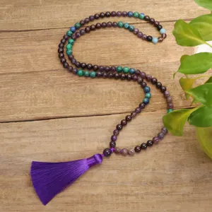 Collana mala yoga 108 grani ametista granato lapislazzuli con nappa viola