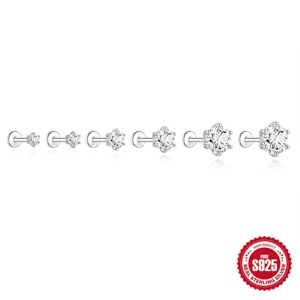 Detailed view of six S925 sterling silver moissanite stud earrings in graduated sizes.