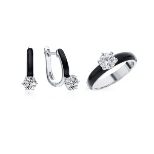 S925 Sterling Silber Schwarz Emaille Schmuckset Runder Zirkonia Eingelegte Creolen Ring Für Damen Leichtes Luxus Design Modeschmuck