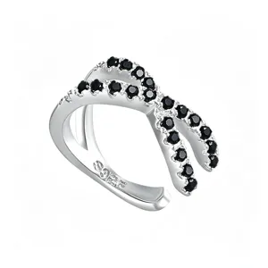 925 sterling silver crossover ear cuff with black zircon stones for non-pierced ears