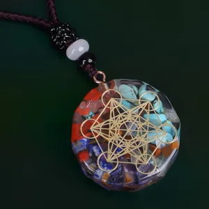 Handmade resin pendant necklace featuring Metatron's Cube and colorful crystal chips