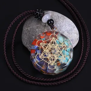 Healing crystal chips resin necklace with Metatron's Cube sacred geometry pendant.
