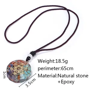 Crystal crushed stone resin pendant necklace with sacred geometry symbol and rope chain