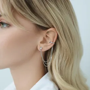 Detailed close-up of a 925 sterling silver tassel chain earring with a zircon ear cuff.