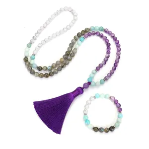 Juego de joyas de collar y pulsera de 108 cuentas de piedra natural con borla de seda morada