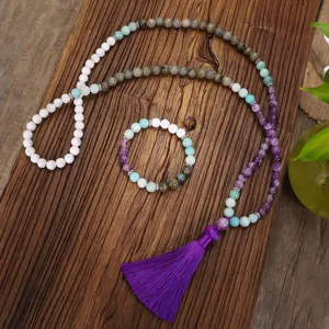 Piedra Natural Mala Cuentas Collar Y Pulsera Amazonita Amatista Labradorita Cuentas Borla Oración Yoga Joyería