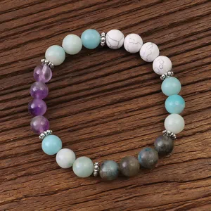 Vista detallada de pulsera artesanal de piedras preciosas con Amazonita y Labradorita
