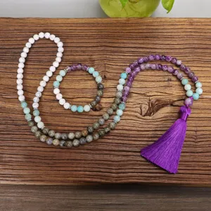 Juego de collar y pulsera de 108 cuentas Mala de piedras naturales con borla púrpura