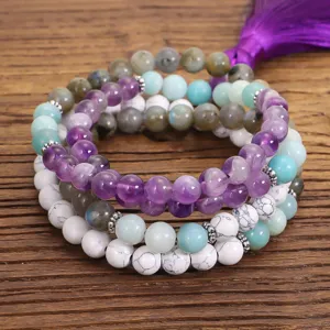 Collar artesanal de 108 cuentas de mala de piedra natural con amazonita y borla morada