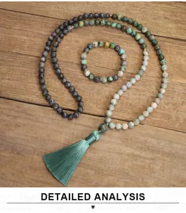 Close-up of 108 Mala beads necklace with African turquoise stones and teal tassel