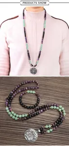 Long collier de yoga avec 108 perles en améthyste et aventurine verte et pendentif lotus