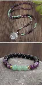 Ensemble collier et bracelet 108 perles Mala avec améthyste, aventurine et lotus