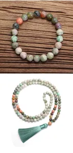 Detailweergave van de 108 kralen natuurlijke Indiase agaat mala ketting met kwast