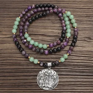 Collier Pendentif Lotus Améthyste Aventurine Verte Yoga Méditation Mala Perles Collier Long et Bracelet Ensemble Unisexe