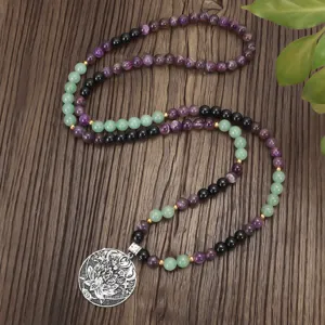 Collier de yoga long 108 perles 8mm améthyste aventurine verte avec pendentif lotus