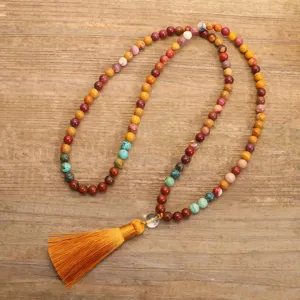 Collana con 108 perle in pietra naturale e nappa gialla per yoga e meditazione