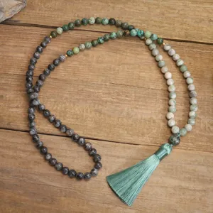 108 natural stone mala beads necklace with African turquoise, labradorite and green tassel