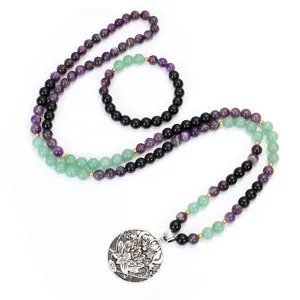 Collier 108 perles en améthyste et aventurine verte avec pendentif lotus