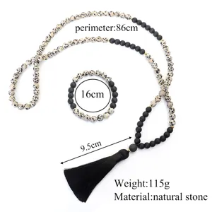 Conjunto de collar y pulsera de yoga de 108 cuentas de jaspe dálmata con borla negra