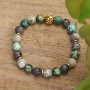 Natural African turquoise and labradorite beaded yoga bracelet with golden lotus bead