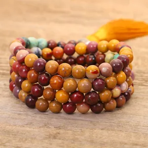 Collana yoga fatta con 108 pietre naturali, nappa gialla, diaspro e turchese africano