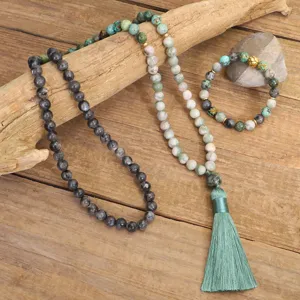 108 natural stone beads necklace with turquoise, labradorite and green tassel