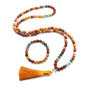 Set naturale di collana e bracciale yoga da 108 pietre con lunga nappa gialla e decorazioni