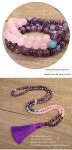 Collana mala 108 grani fatta a mano con ametista quarzo rosa e nappa viola
