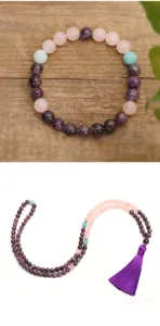 Collana mala 108 ametista quarzo rosa con nappa viola e set di bracciali abbinati