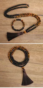 Set collana e bracciale fatto a mano con 108 grani di occhio di tigre e nappa marrone
