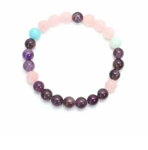 Dettaglio bracciale yoga in ametista, quarzo rosa e amazzonite su sfondo bianco