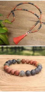 Böhmisches 108-Perlen-Labradorit-Yoga-Halsketten- und Armband-Set mit orangefarbener Quaste