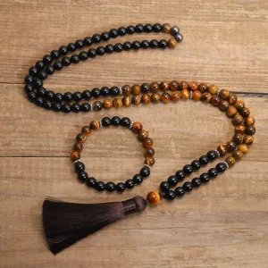 Collana Bracciale Mala in Pietra Occhio di Tigre Con Nappina Gioielli Yoga Meditazione Etnico Grani di Preghiera Pietra Naturale Donna Uomo