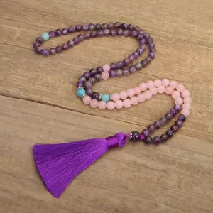 Collana mala fatta a mano 108 grani ametista quarzo rosa con una grande nappa viola