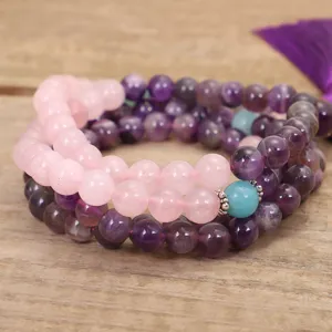 Collana yoga fatta a mano con 108 pietre ametista quarzo rosa amazzonite e nappa viola